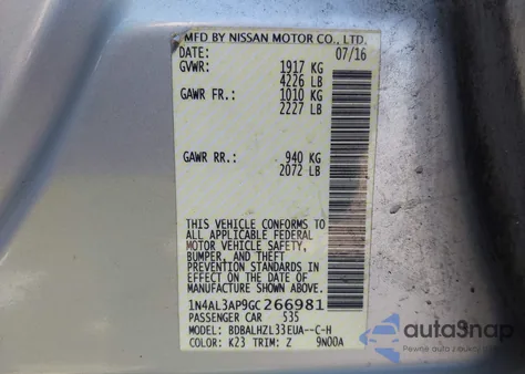 2016 Nissan Altima 2.5 Sr z USA, uszkodzony, nr VIN 1N4AL3AP9GC266981